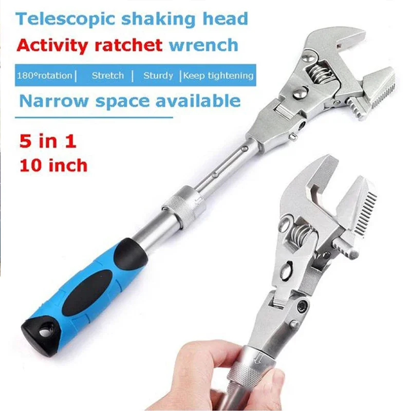 10 Inch Telescopic Adjustable Spanner 5 In 1 Folding Ratchet Handle Wrench Open End Wrench Water Electricity Wrench Hand Tools