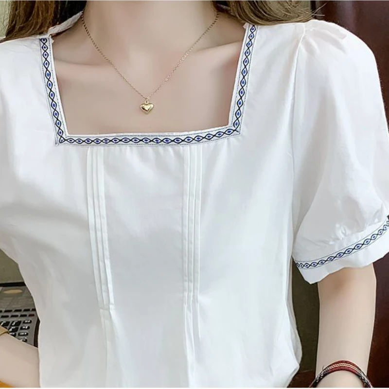 Blouses Women French Style Fashion Square Collar Simple Puff Sleeve Summer New Design All-match Loose Casual Elegant Streetwear