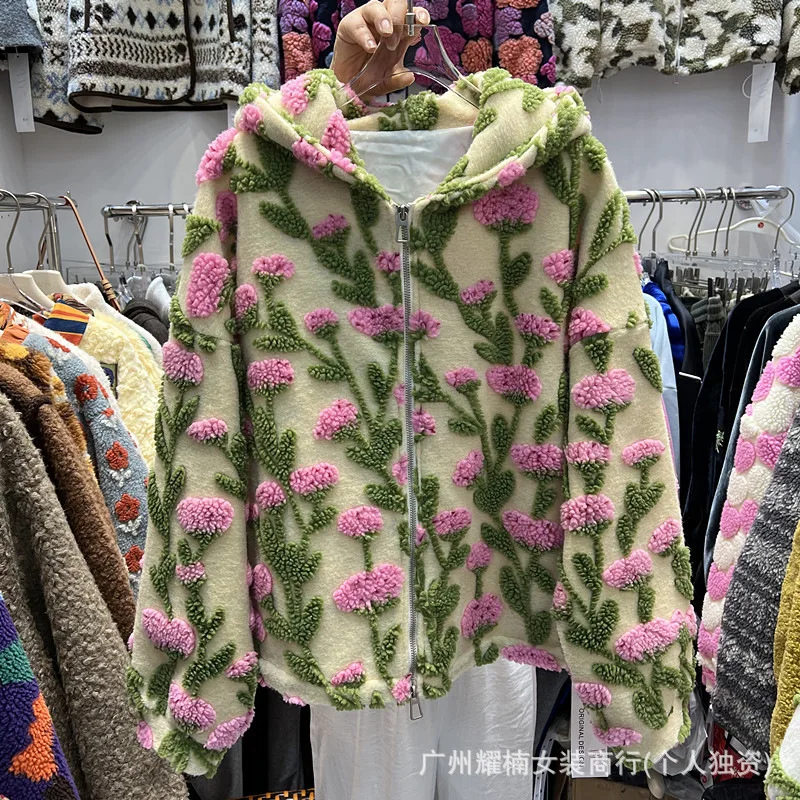 Fashion Autumn Winter Long Sleeve Hooded Jacket Loose Zip Cardigans Coat Flocking Flowers All-match Women Warm Hoodie Casual Top