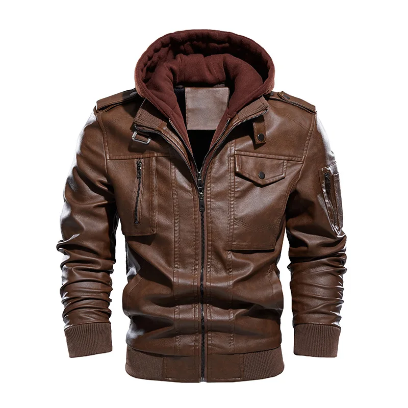 

Men’s Casual Stand Collar PU Faux Leather Jacket Zip-Up Motorcycle Bomber Jacket Removable Hood Lapel Slim Fit Coat New US Coat