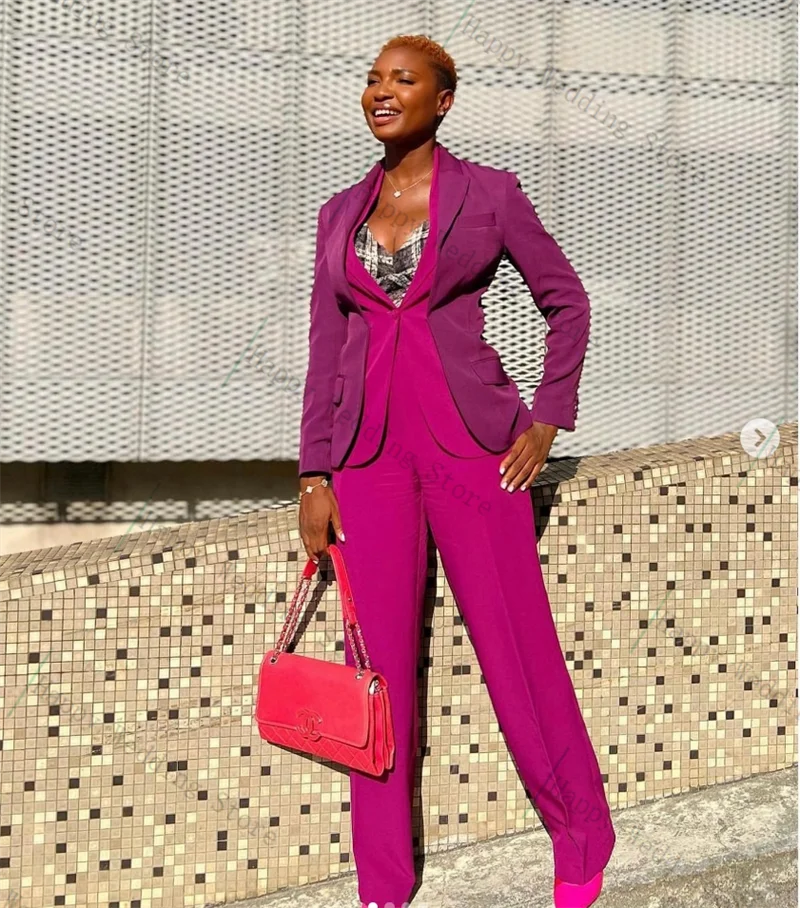 

Purple Splicing Color Women Suit Pants Set 2 Pcs Blazer+Pants Trousers Cotton Formal Office Lady Customized Wedding Tuxedos Coat