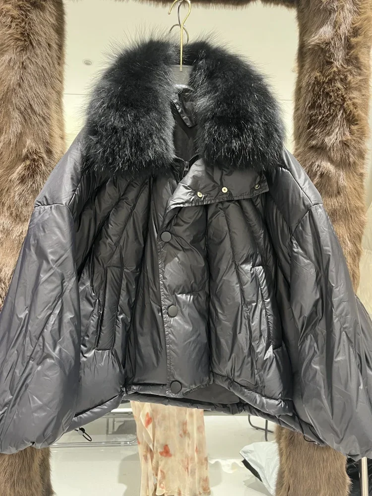 

Raccoon Fur Collar Reality Fur Coat Puffer Jacket Loose New Real Huge Warm Winter Short Thickened White Duck Down Parka Women