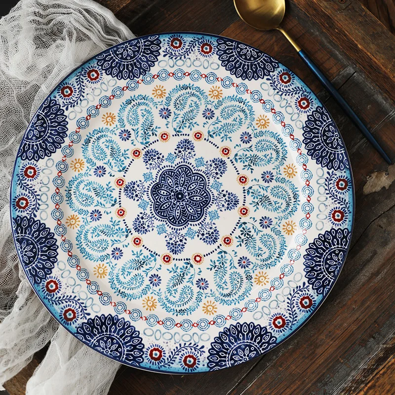 Prato plano japonês prato de macarrão underglaze cor cerâmica talheres placa ocidental grande prato bife pintado melhor presente