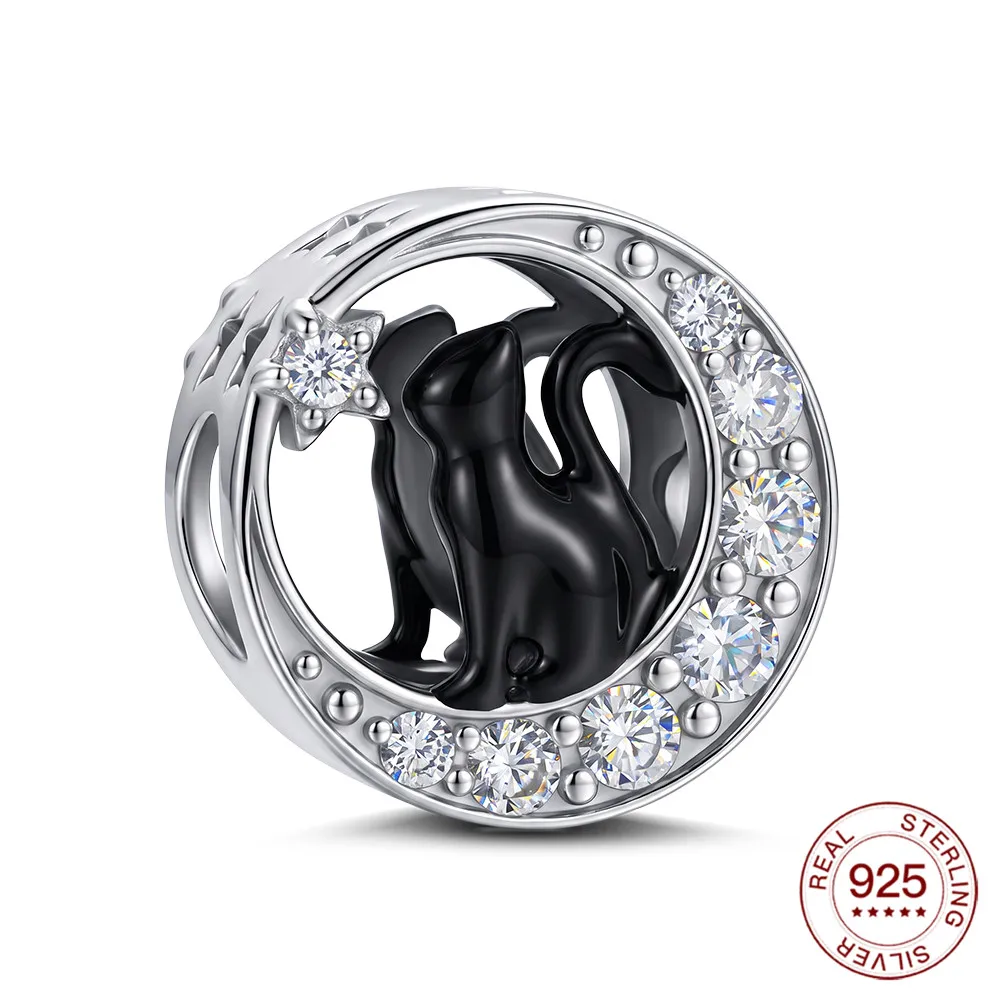 New 925 Sterling Silver Black Cat and Moon Beads Original Charm For Women DIY Bracelet Making Sweet Gift For Her Collection