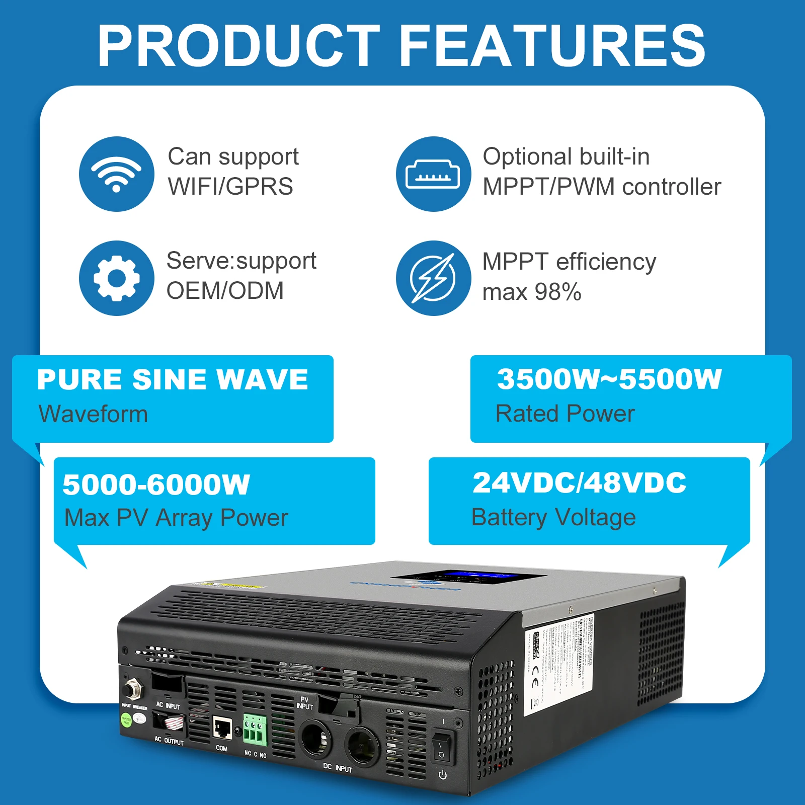 3000VA/2400W Hybrid Inverter Pure Sine wave with AC Charger Solar Charger Controller PWM PV input DC 24V to AC 120V