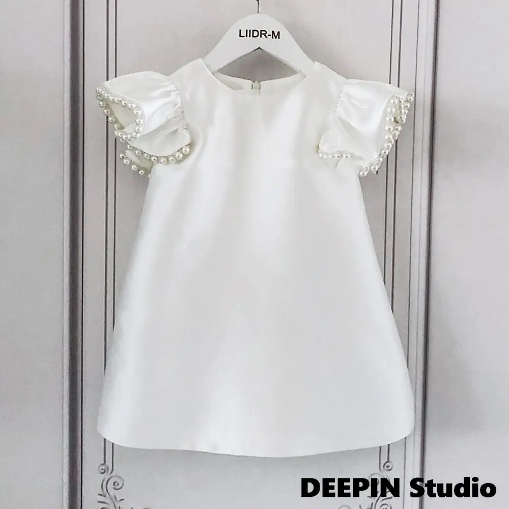 

Children'S Dress Solid Color A-Line Dress 2024 New White Princess Flower Girl Birthday Party Pearl Big Bow Handmade Vest Dresses