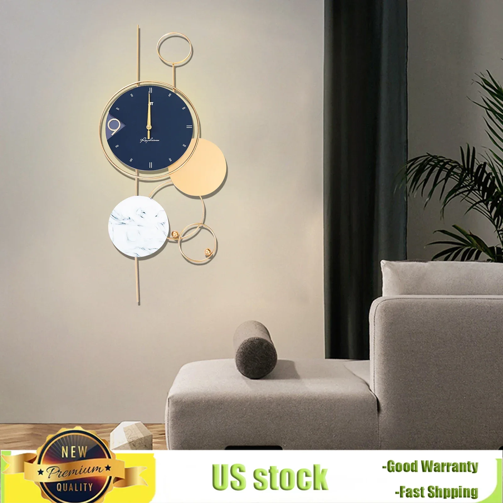 Modern Metal Gold Big Wall Clock 3D Home Decor Farmhouse Battery Operated Silent Non-ticking  For Kitchen Bedroom Office Hallway