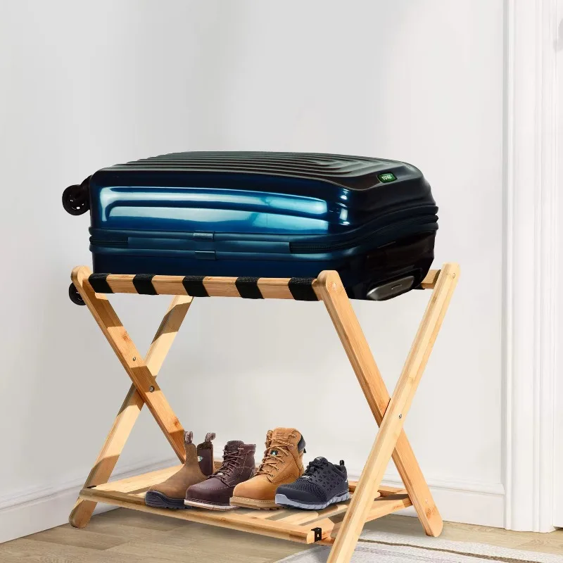 

Wholesale 2-layer bamboo foldable hotel luggage rack Wooden luggage shelf with nylon strap and living room shoe storage rack