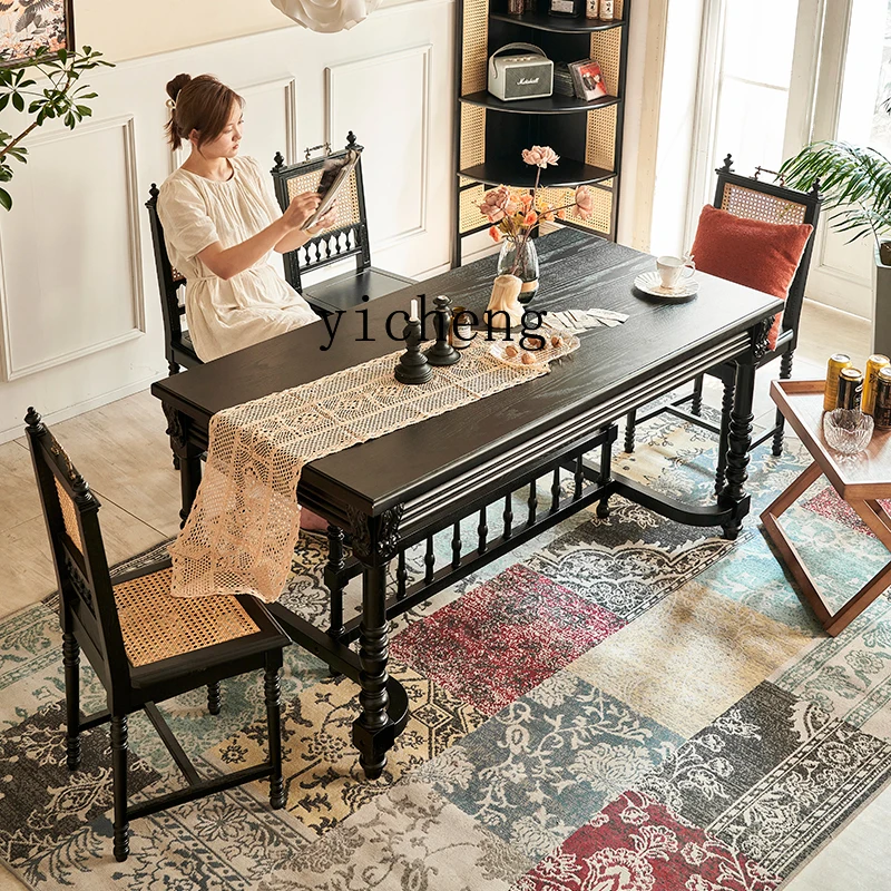 

XL retro solid wood dining table rectangular black eating table American carved large board table