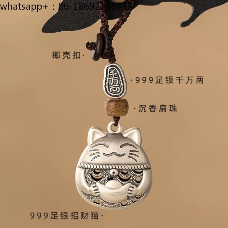 9999 Pure Silver Lucky Cat Keychain Lanyard Sterling Silver Bag Small Pendant