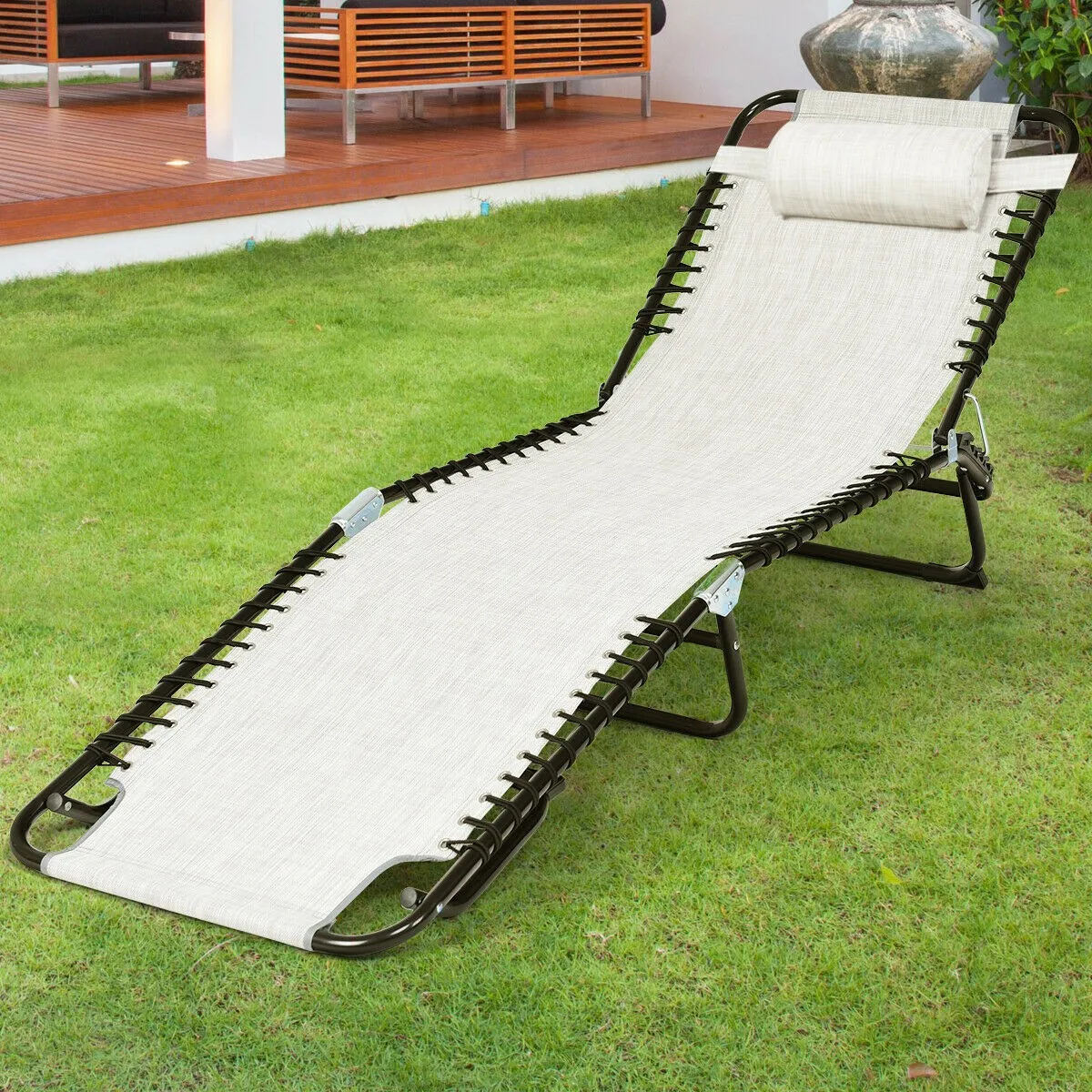 

Складной шезлонг-раскладушка с регулируемой спинкой для патио и кемпинга с подушкой, для пляжа и бассейна, серый