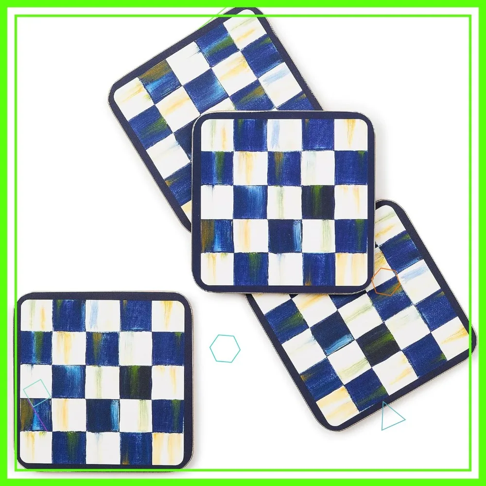 

Square Cork-Back Coaster Set, 4-Piece Blue-and-White Checkered Drink Holders for Table Protection