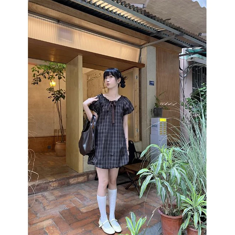 MEXZT Vintage Plaid Mini Dress Women Japanese Kawaii Bow Bandage One Pieces Dresses Summer Puff Short Sleeve A Line Vestidos New