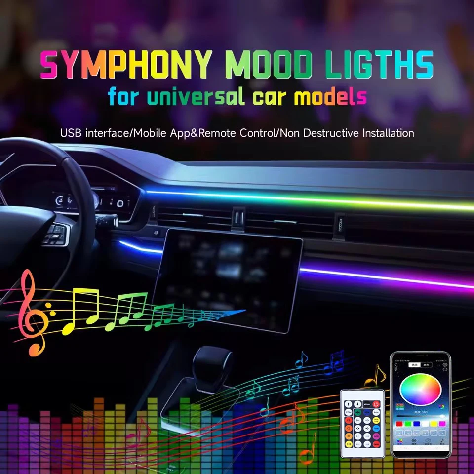 Car LED Ambient Light USB 64 Colors Acrylic Strips 110cm Full Colors RGB Car Interior Hidden App Remote Control Atmosphere Lamp