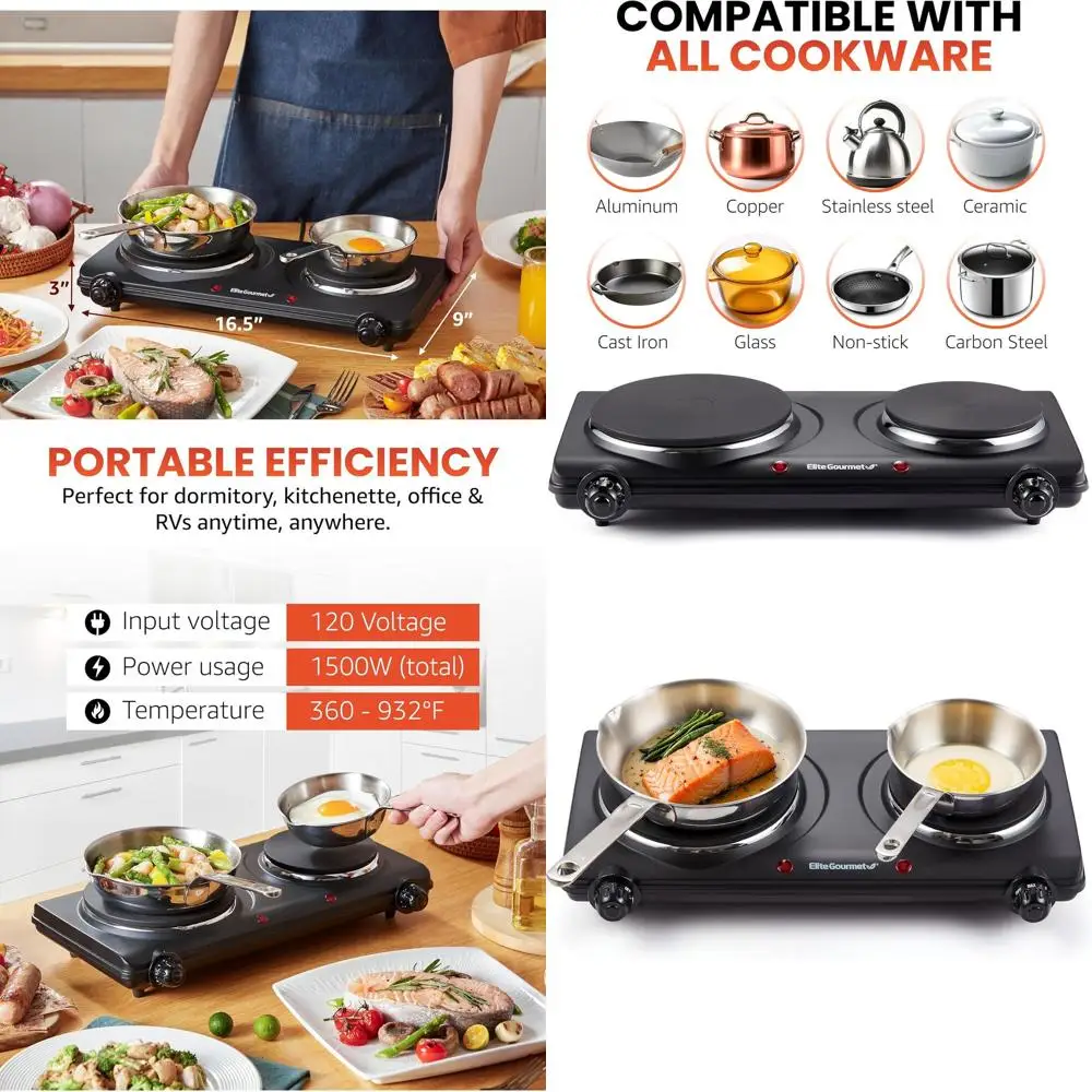 Double Cast Iron Burner, 1500W Electric Hot Plate with Temperature Control and Power Indicator, Easy Clean, Black