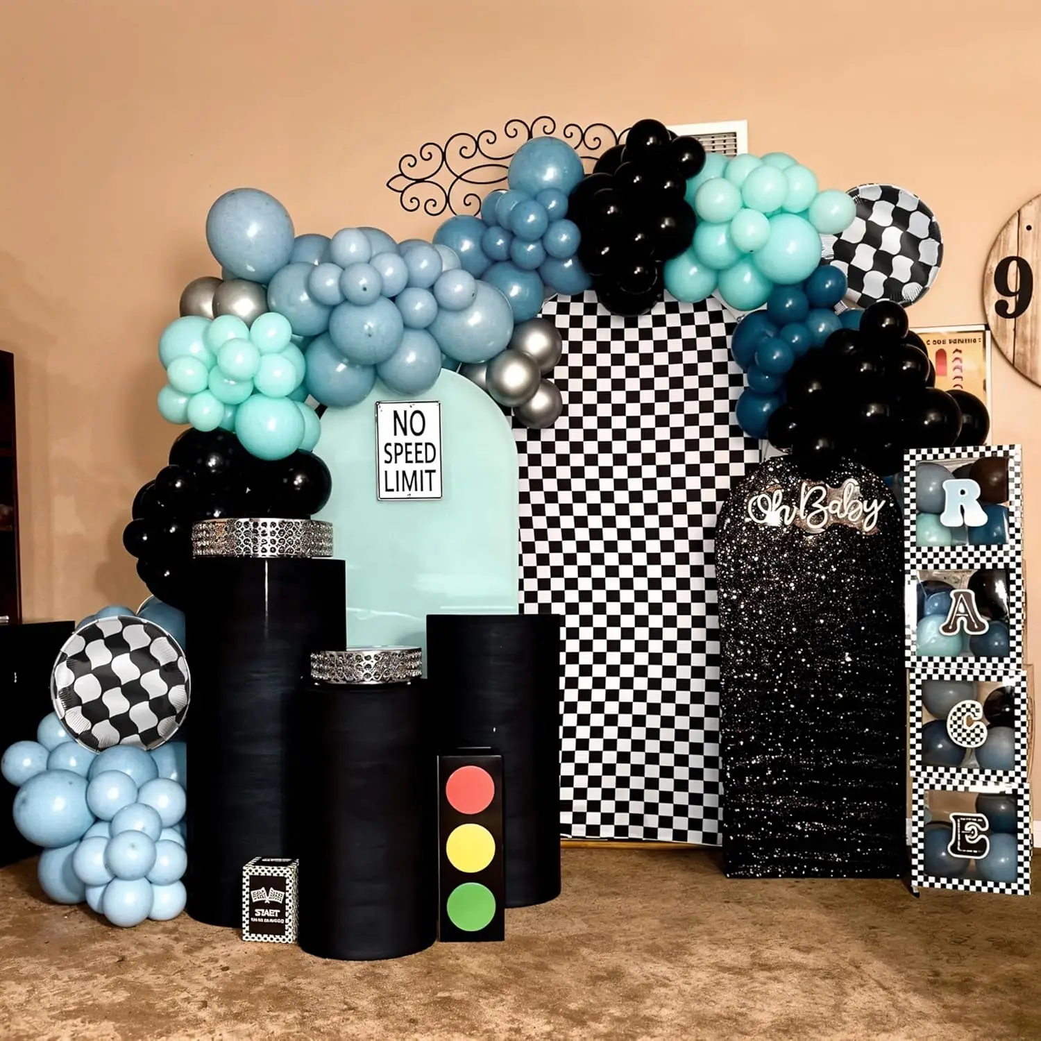 Race Car Balloon Arch Kit Checkered Blue Black Sliver Balloons Garland for Racing Car Two Fast 2nd Birthday Party Decorations view 6