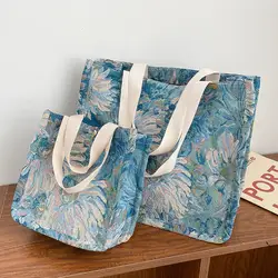 Borsa Tote in tela di grande capacità con pittura a olio Vintage blu 2024 borsa elegante da donna nuova pendolarismo borse a tracolla versatili marea