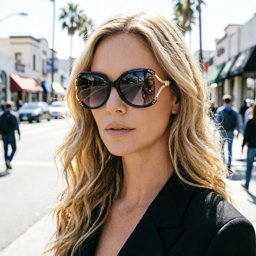 Schicke übergroße Schmetterlings-Sonnenbrille mit goldenem Leopardenkopf und ausgeschnittenem Tempeldetail. Sehr vielseitig