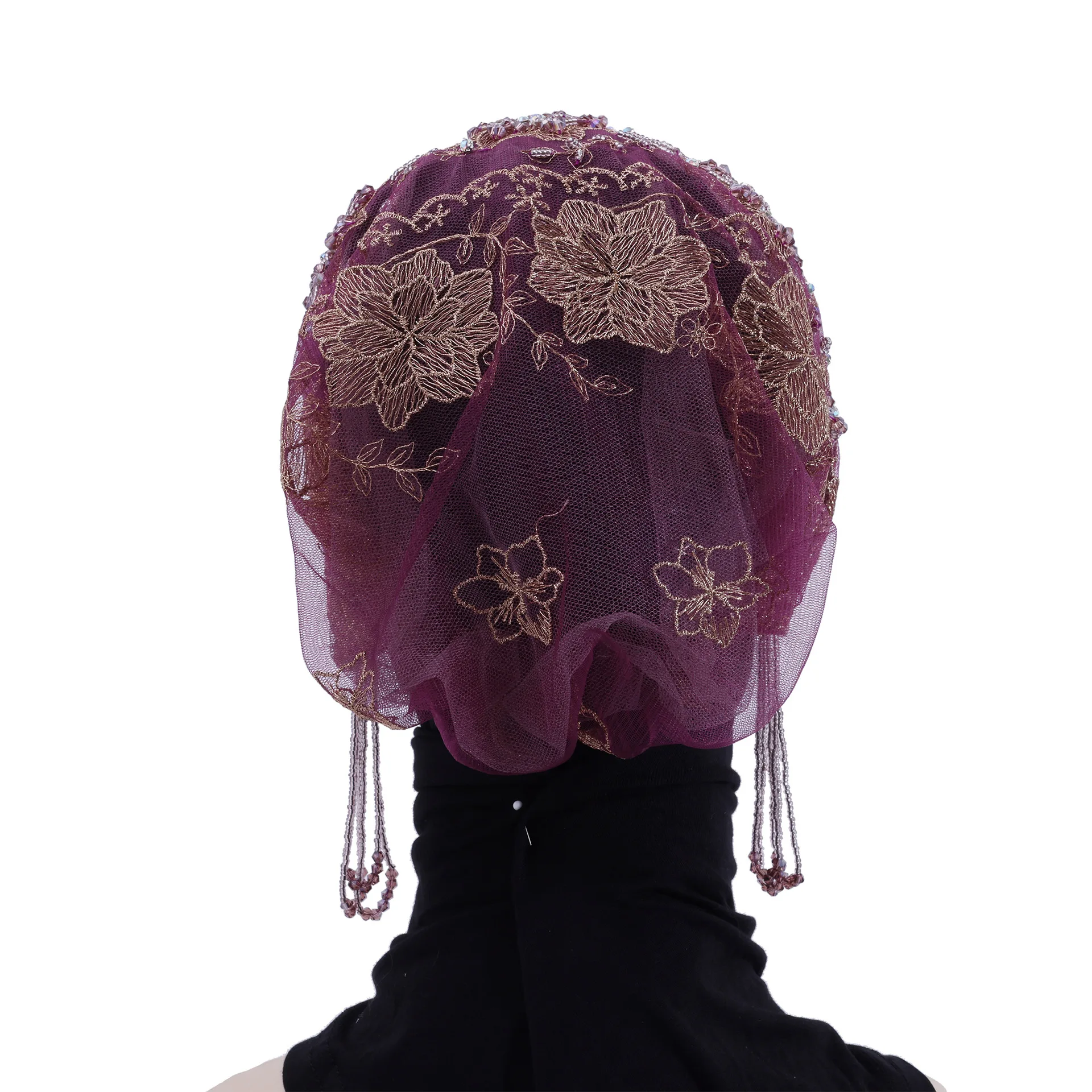 

New Ethnic Hat Gauze Scarf Tassel Head Cover Women Beaded Hijab Lace Embroidery Hijab Bonnet Cap Headscarf Turban Turbante Mujer