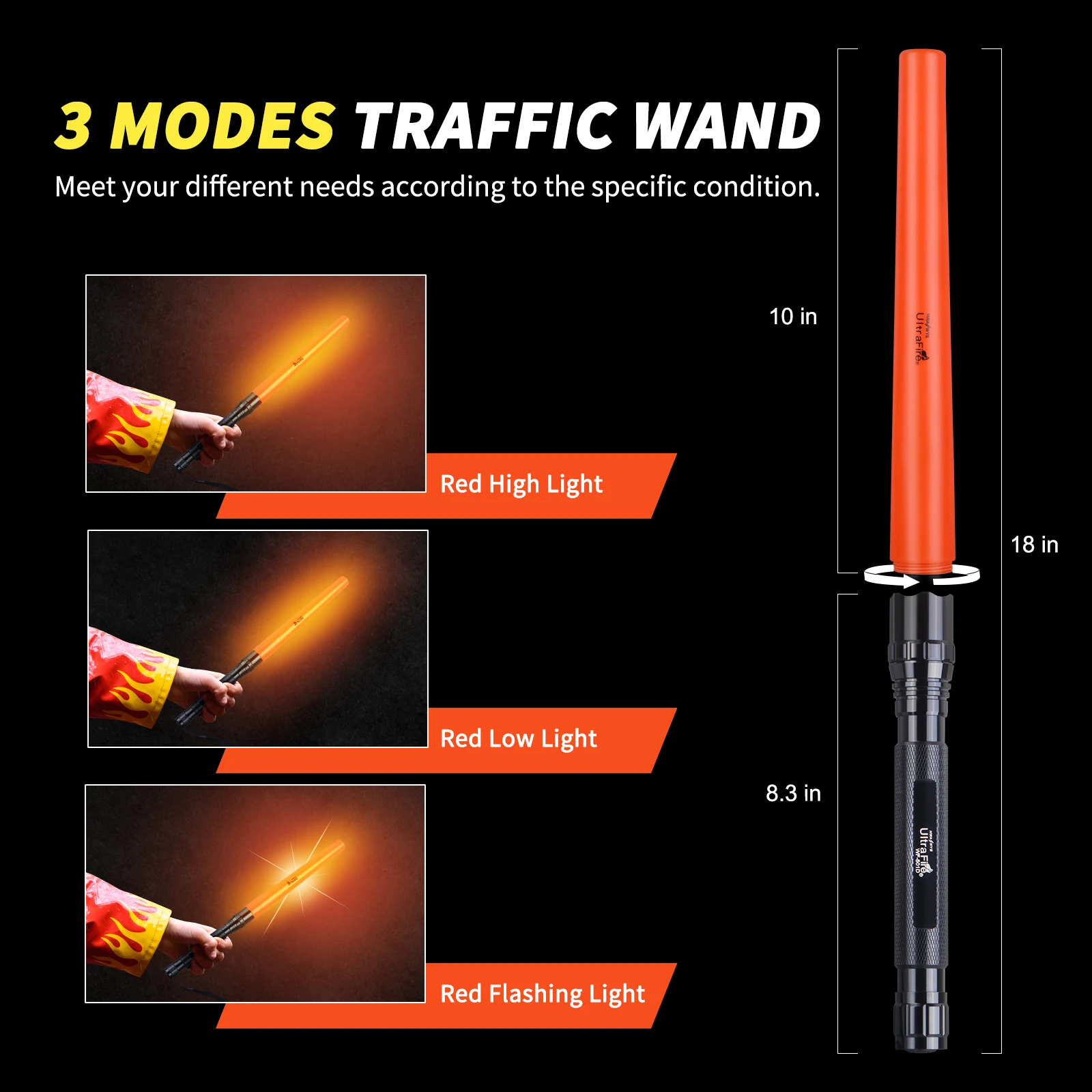 UltraFire 2Pack WF-501D 18 Inch Signal Traffic Control Wand 18650 3 Mode Safety LED Flashlight for Airport Parking Car Directing