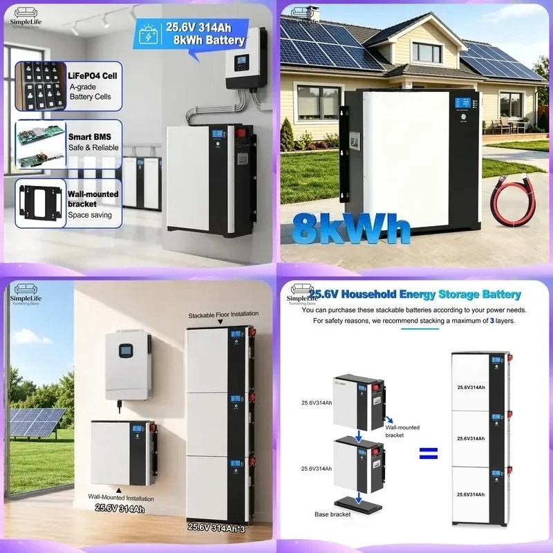 5kWh 8kWh LiFePO4 Battery 24V 25.6V 200Ah 314Ah Solar Energy Storage System Home Backup Power Supply Off Grid PV Lithium Iron