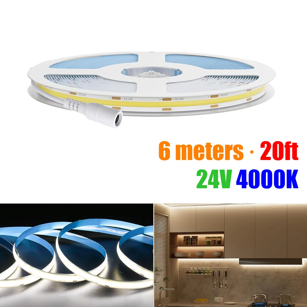 6 metrów pasek COB LED światła 8mm 480 diod Led/m 19,7 stóp wysokiej gęstości elastyczna taśma wstążka 4000K światła LED DC24V