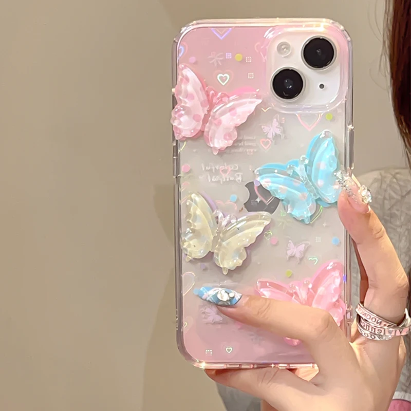 Korean Lovely 3D Polka Dot Butterfly Laser Love Heart Phone Case For iPhone 15 14 13 12 11 Pro Max Trendy Clear Back Cover Girls