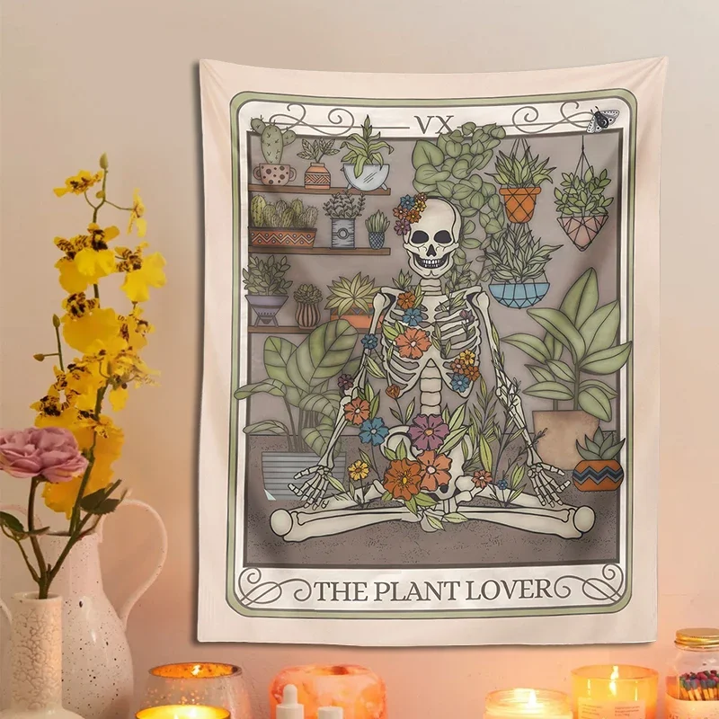 Plant Lover Tarot Card Tapestry Wall Hanging Plant Witch Skeleton Botanical Witchy Boho Gardening Bedroom Dormitory Home Decor