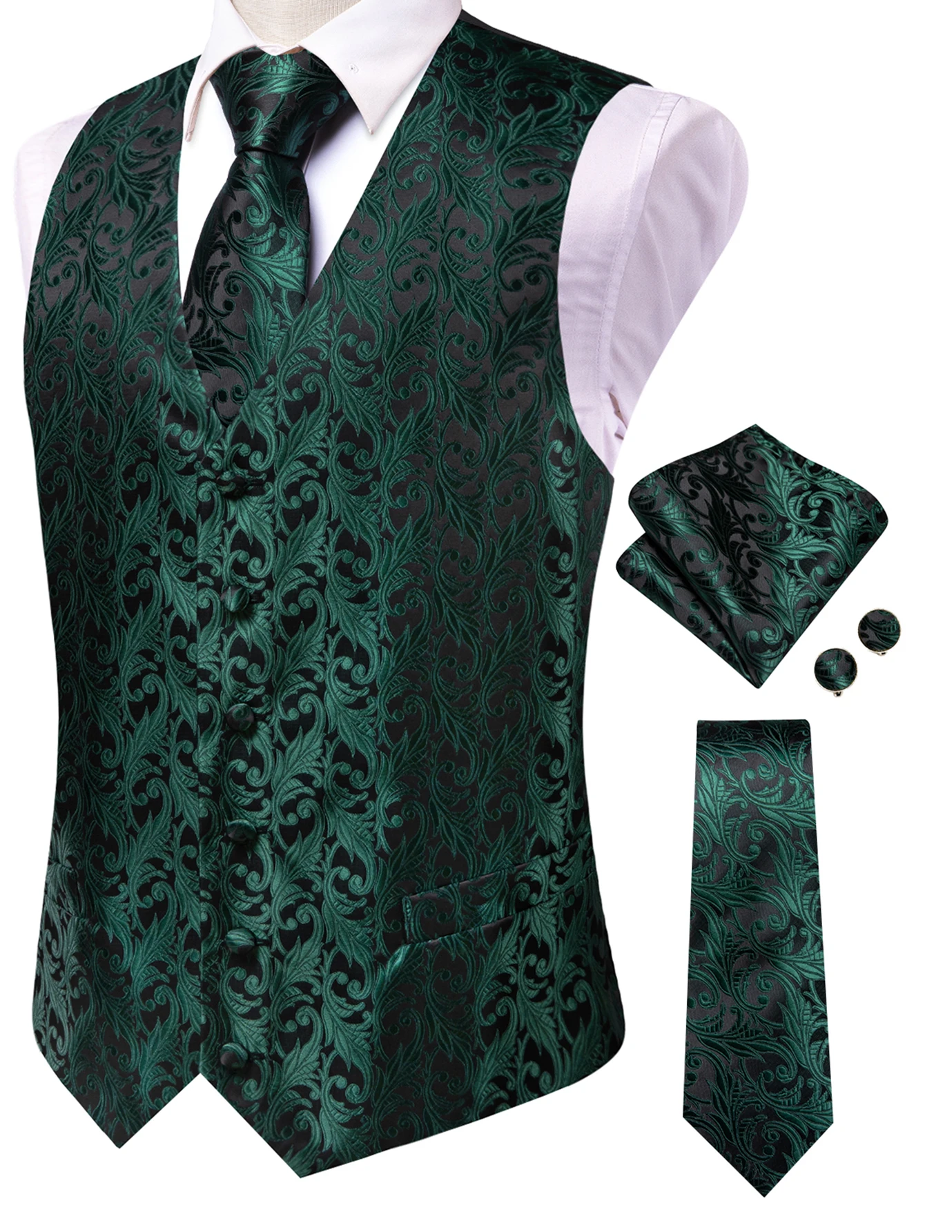 Herren Orange Blau Schwarz Tropische Pflanzen Jacquard Anzugweste Taschentuch Manschettenknöpfe 4-teiliges Set für Hochzeitszeremonien – Detail 10