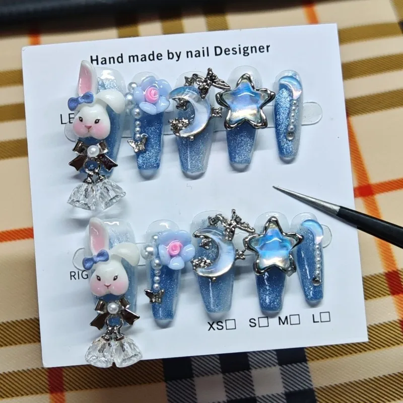 10 Pieces Handmade Press On Nails Blue Fine Glitter Sweetheart Folding Ear Rabbit Bells Star Moon False Nails Removable Reusable