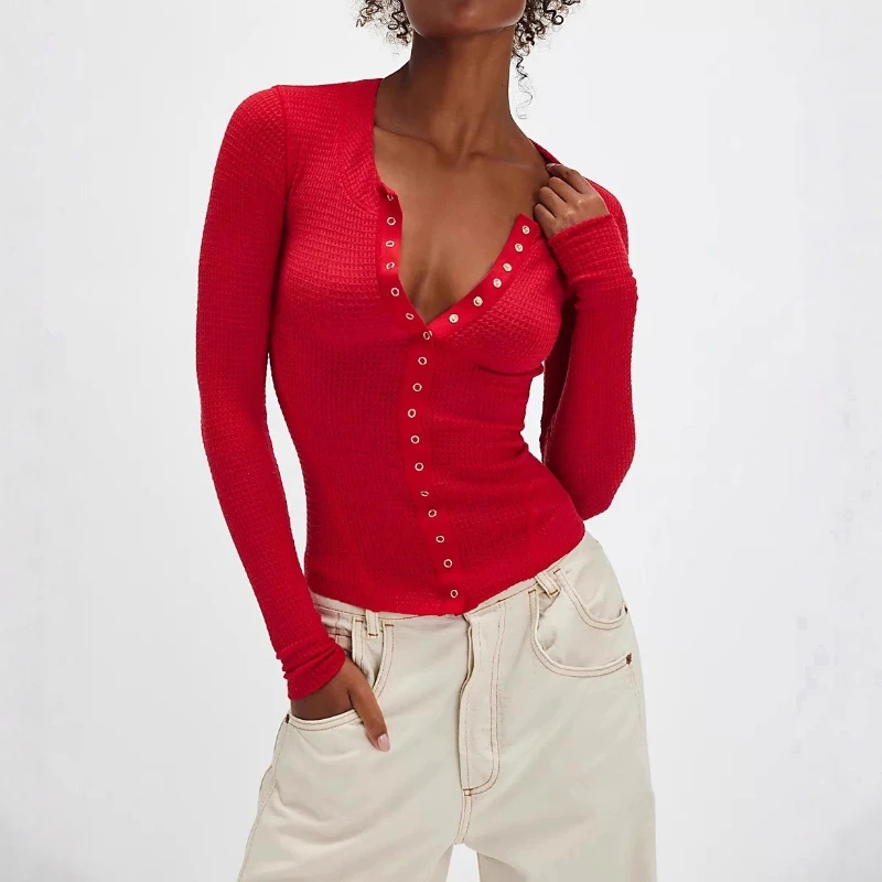 

Women'S Long Sleeve Round Neck Button Rib Solid Single Breasted Cardigan Jacket Spring Autumn Casual Slim Sweater Red Tops 2026