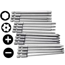 4pcs 100mm Long Screwdriver Bits Set Hex Head Cross Flat Head Slotted Tip 1/4 Inch Hex Electric Screwdriver Bits Power Tool