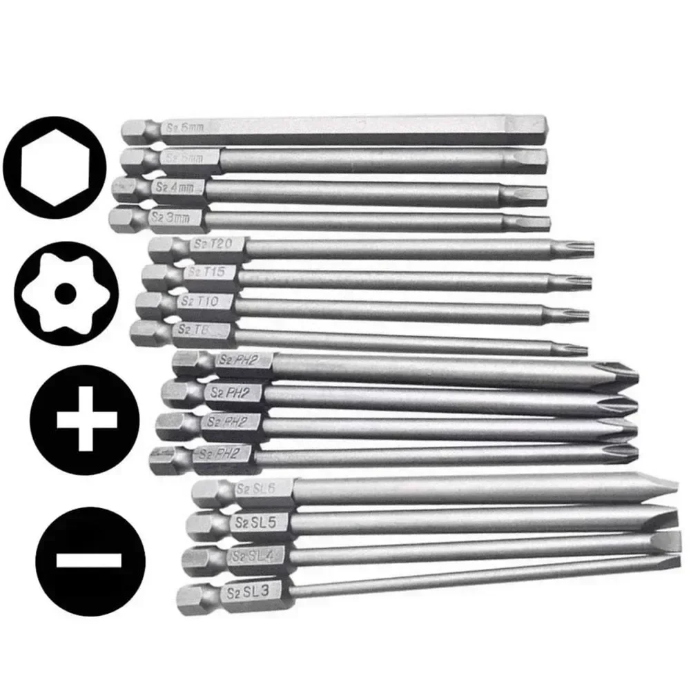 4pcs 100mm Long Screwdriver Bits Set Hex Head Cross Flat Head Slotted Tip 1/4 Inch Hex Electric Screwdriver Bits Power Tool