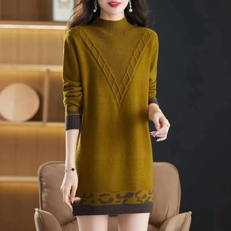 Sweter damski półgolf ciepły długi rękaw w połowie długi, w stylu Oversized dziergany sweter z dzianiny bluzki damskie odzież matki