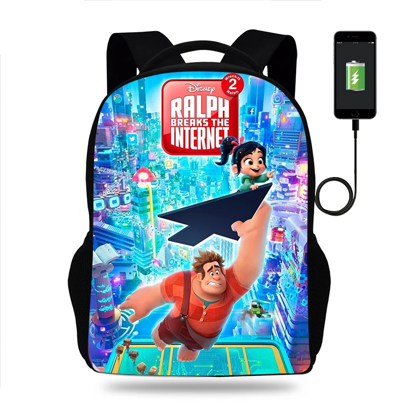 Disney Wreck-It Ralph Backpack Boy Girl School Bags Children Teenager USB Charging Daily Travel Backpack Mochila