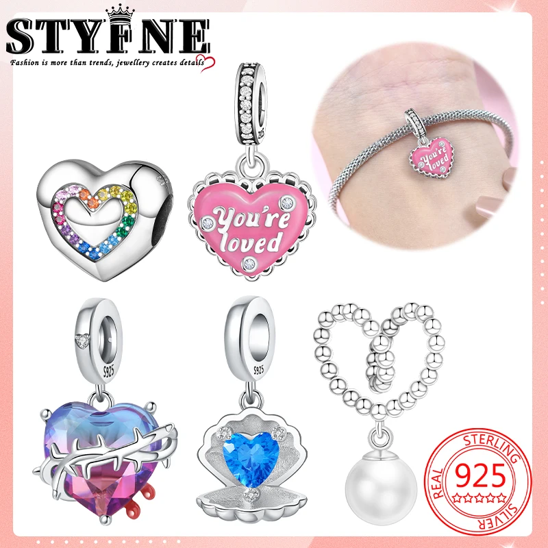 Hearts Love Beads 925 Sterling Silver Heart Tassel Pearls, Pink Heart Shaped Cake, Blue Heart Shell Charms Bracelets Jewelry