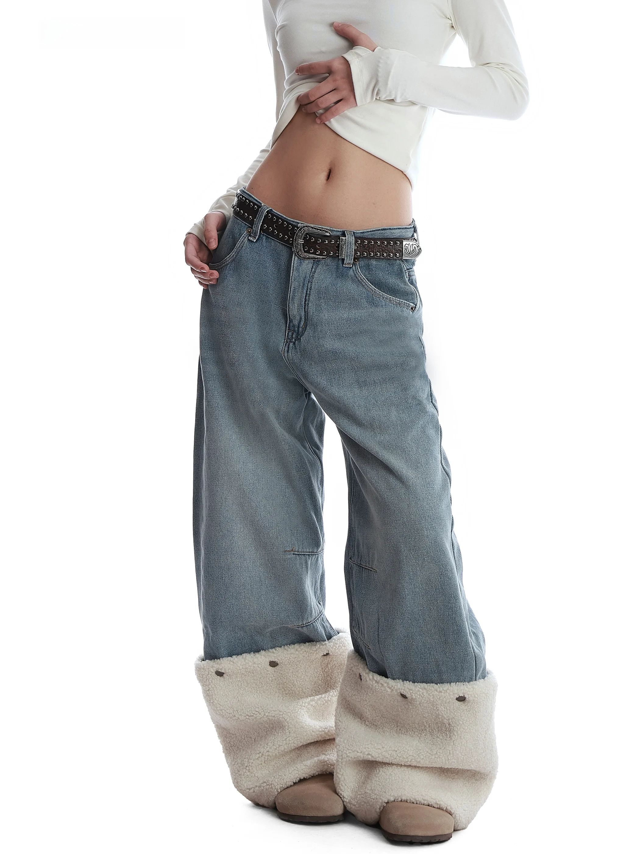 

Американские джинсовые брюки-клеш с широкими штанинами и меховой отделкой, съемные, для женщин, повседневные, зимние