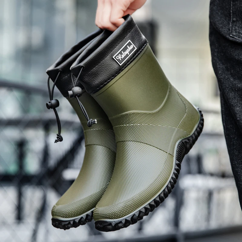 Men Rain Boots Fashion Mid-calf Rubber Boot Outdoor Lightweight Work Shoe Button-up Comfortable Casual Shoes Men Boots