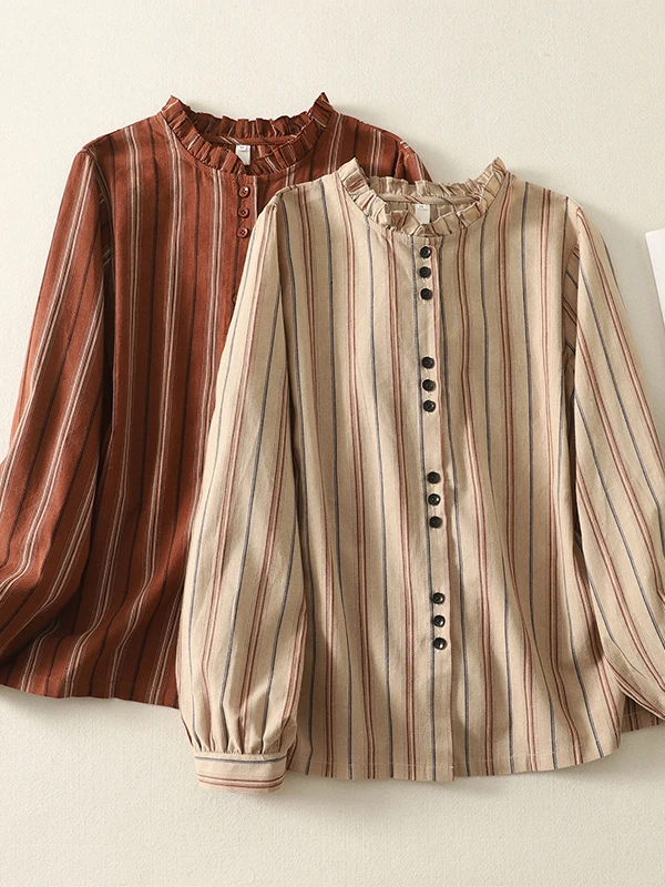 

Spring 2026 Women's Loose Fit Striped Cotton Linen irt Single Button Long Sve Commute Sle Faion Ladies Premium Clothing