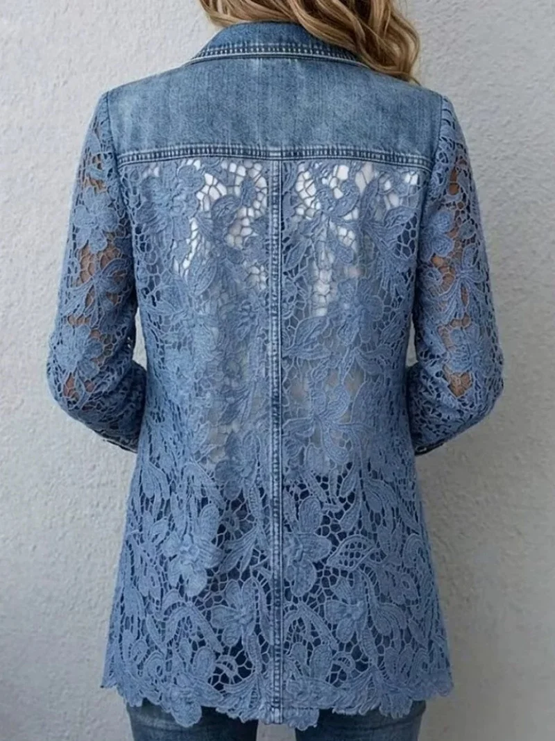 Women's Casual Patchwork Denim Jacket with Flip Collar Long Sleeved Lace Shirt New Style for Ladies