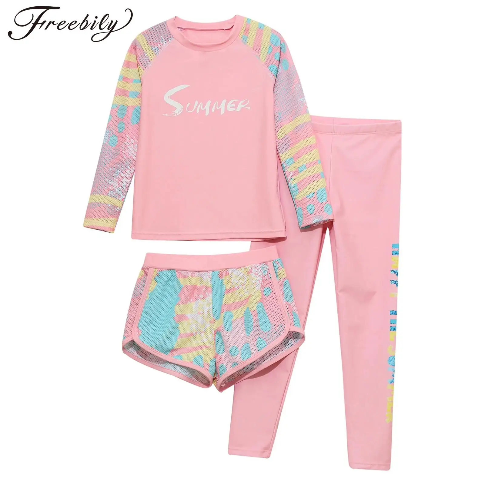 3Pcs Kids Girls Swimsuit Long Sleeve Print Tops Swimwear with Pants Bathing Suit Sun Protection Rash Guard Set Pool Beach Wear