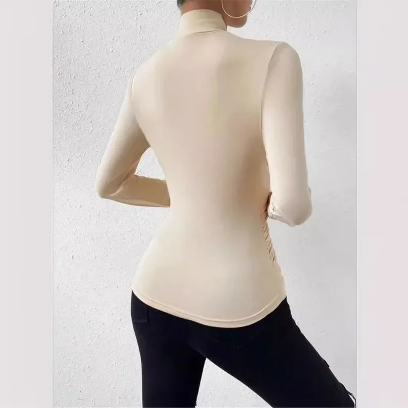 Women Autumn Winter Cross Neck Slim Fit Pleated Long Sleeve T Shirt Commuting