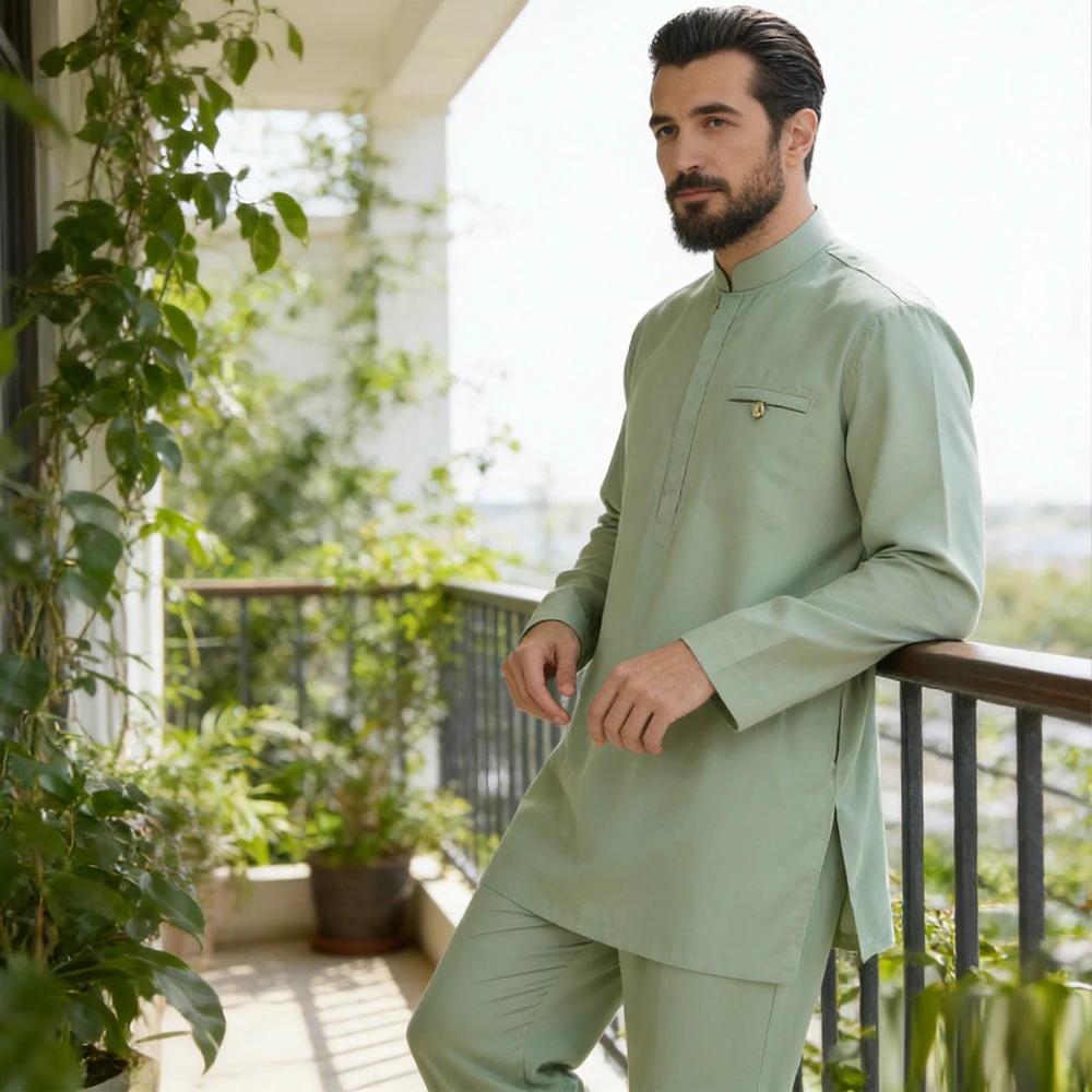 

2026 Eid Muslim Men Sets Jubba Thobe Long Sleeve Tops and Pants Dubai Abaya Outfits Arabic Robe Daffah Dishdasha Islam Clothing