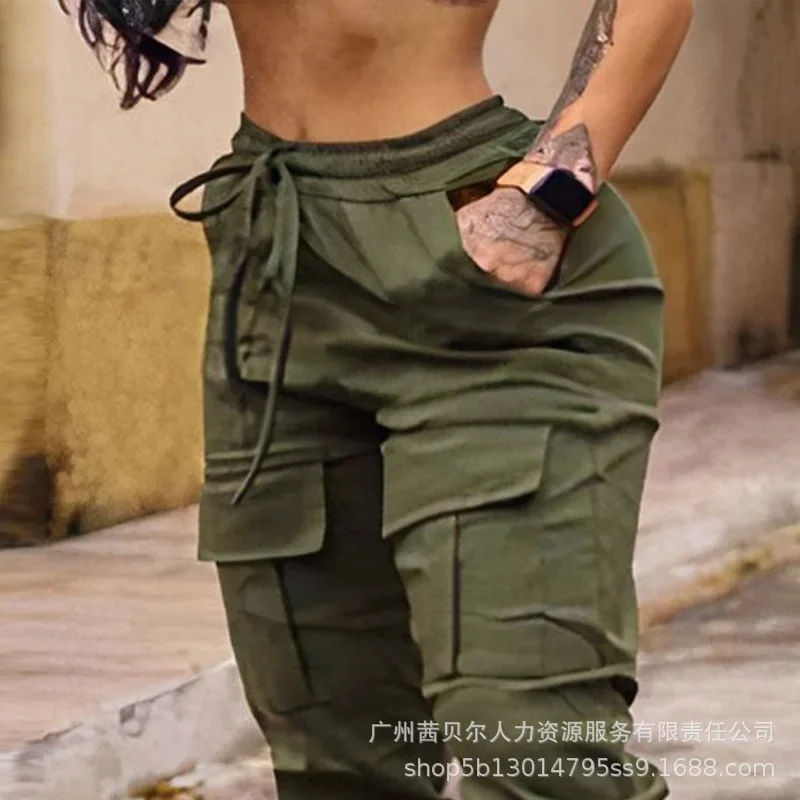 Pocket Drawstring Cuffed Cargo Pants Y2K Chic Clothes Elegant Women High Waist Pocket Pencil Pants Streetwear