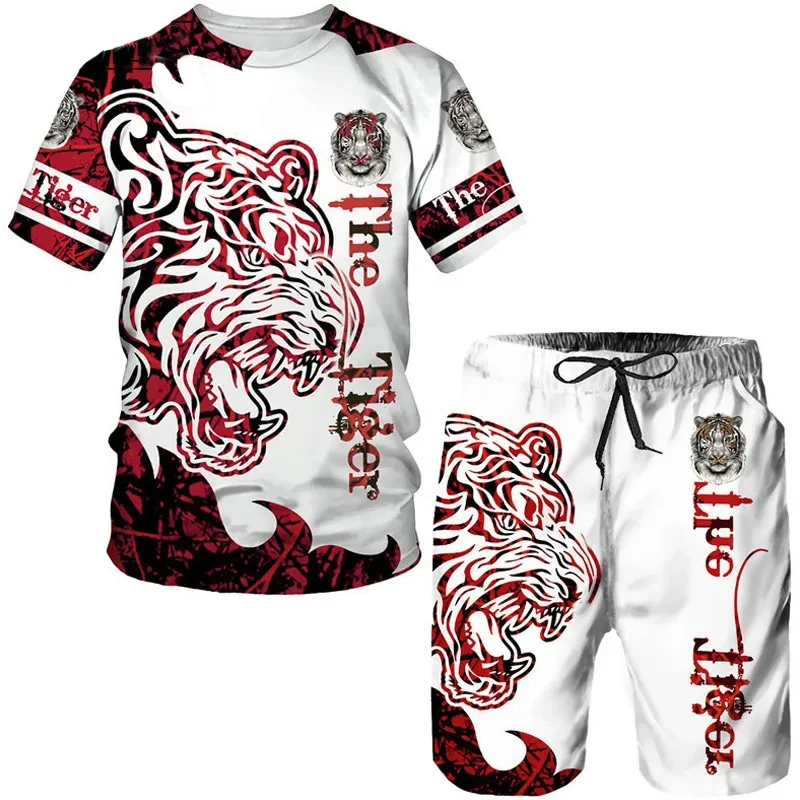 The Lion 3D Printed O-neck T-shirt&Shorts Suit Casual Sportwear Tracksuit Set Summer Men's Animal Tattoo White Short Sleev