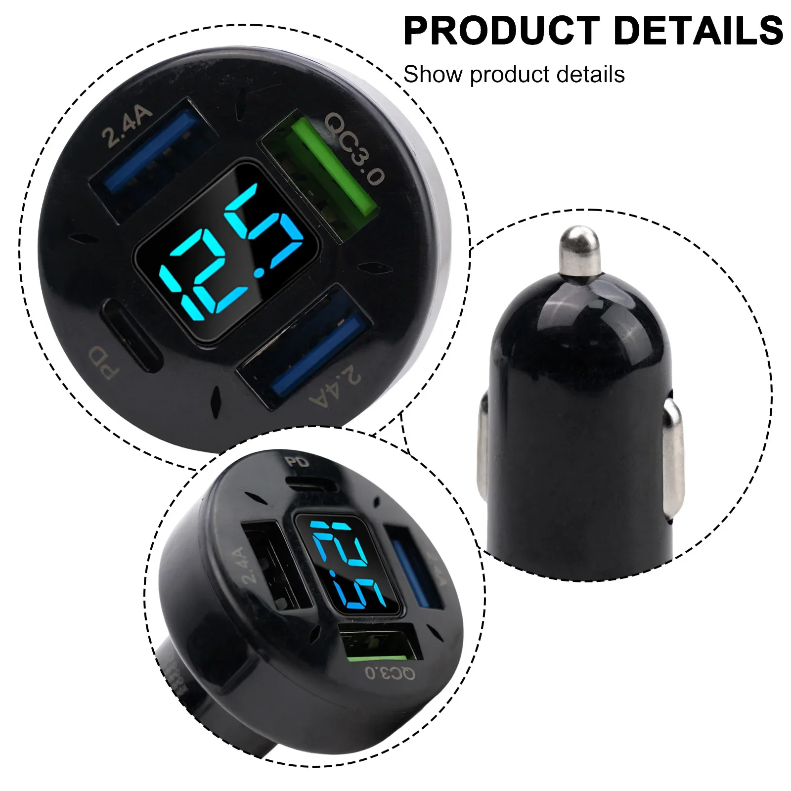 

1X Car Charger 4USB Aluminum Alloy+PC Black Good Quality New Voltage Monitoring Input Voltage 12-24V USB1 Output 5V/2.4A Digital