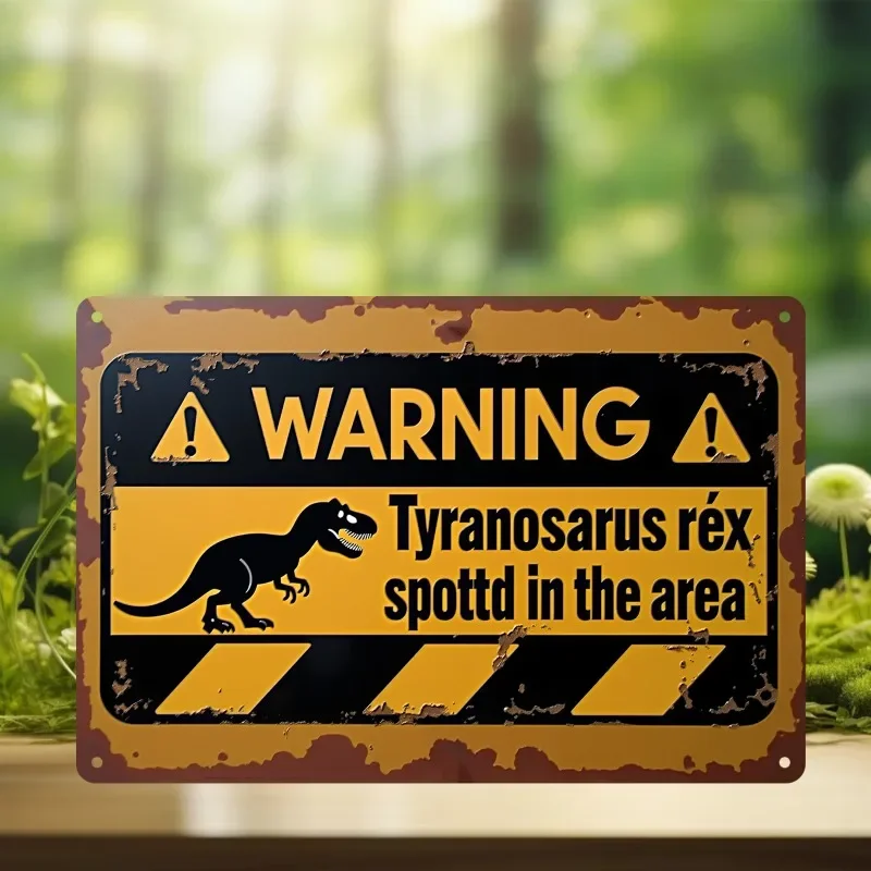 （2D Tin painting）Vintage Jurassic T-Rex Danger Sign Metal Wall Decor, Retro Dinosaur Skull Iron Decoration for Home Office Ga