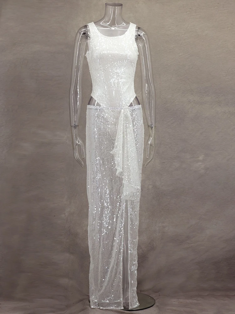 Fantoye Sexy See Through Sequins Shiny Women Skirt Suit White Sleeveless Bodysuit Long Skirt Autumn Slim Elegant Two Piece Sets