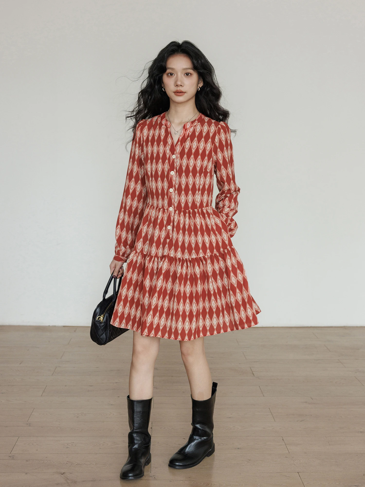 

Spring V-Ne Red irt Dr Women's Casual Diamond Pattern High Waist A-Line Skirt Loose Fit Long Sve Urban Commute