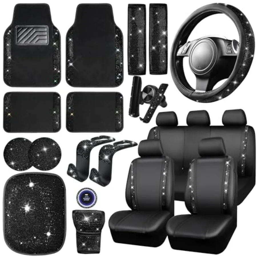 

Набор автомобильных аксессуаров из 23 предметов с блестящими стразами для женщин: чехлы на кожаные сиденья, полный комплект ковриков, чехол на руль, подставки под стаканы, накладки на сиденья